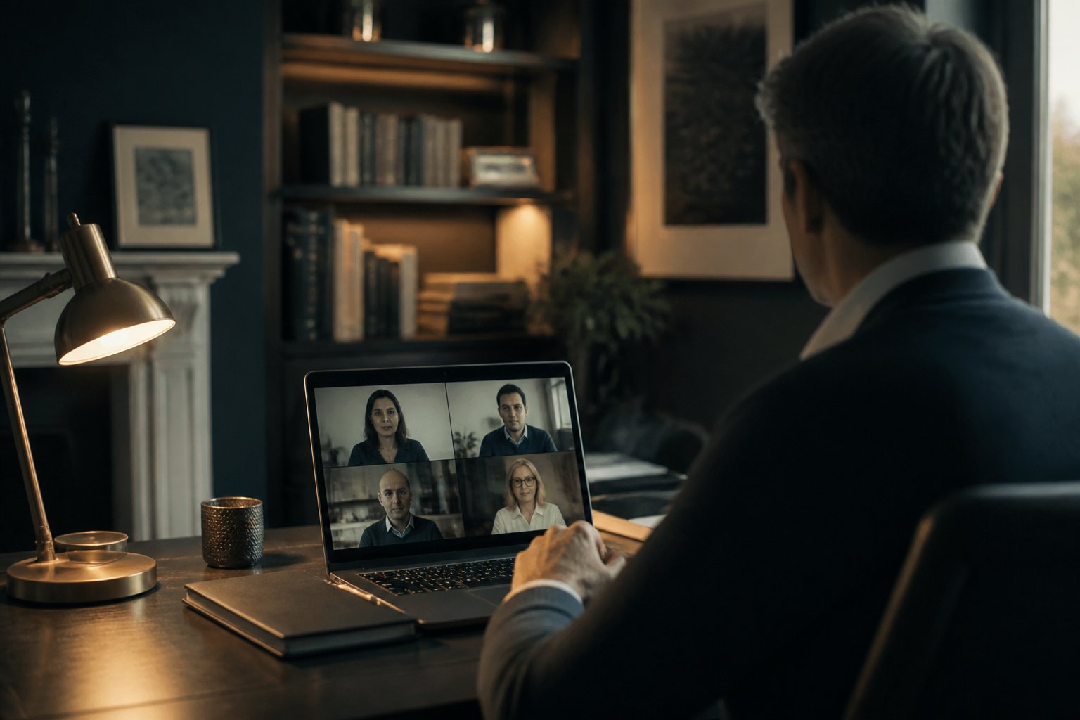 A mortgage adviser taking a client call on a video link from a home office.