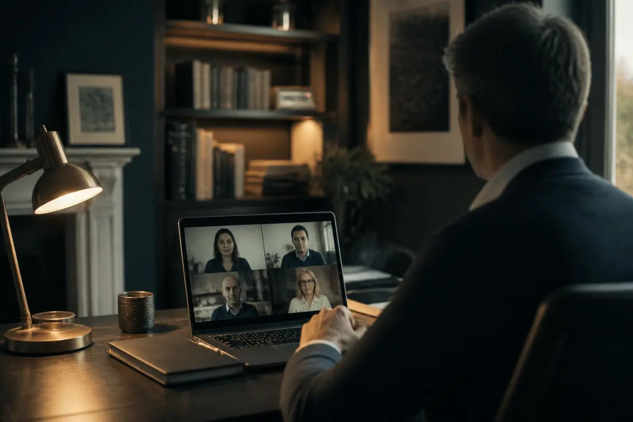 An adviser reviewing a client file on a video call.