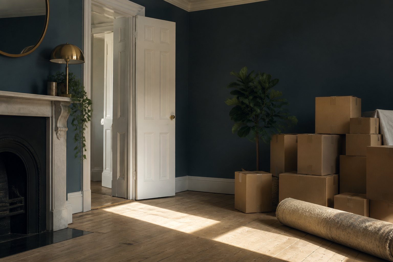 A family carrying boxes into a new home.
