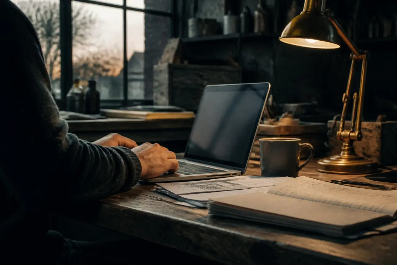 A laptop and paper accounts on a workshop bench under a warm task lamp